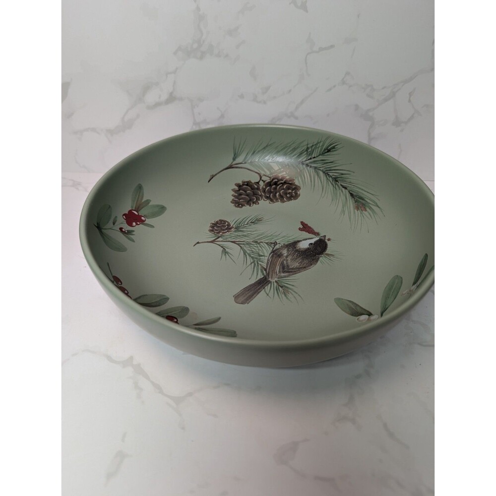 Pfaltzgraff Winterwood 10.5" Serving Bowl Chickadee Pine Cones Green Stoneware